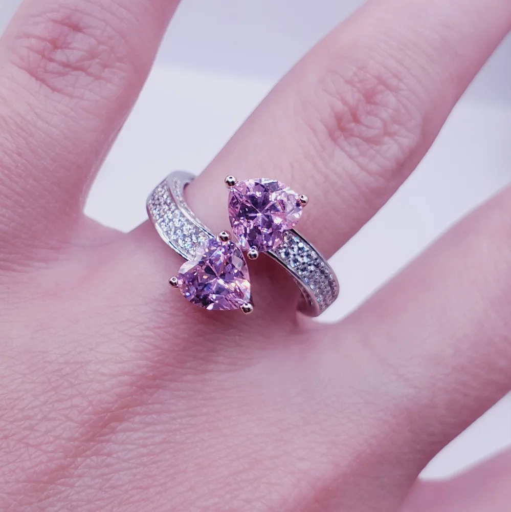 Pink Double Heart Silver Ring